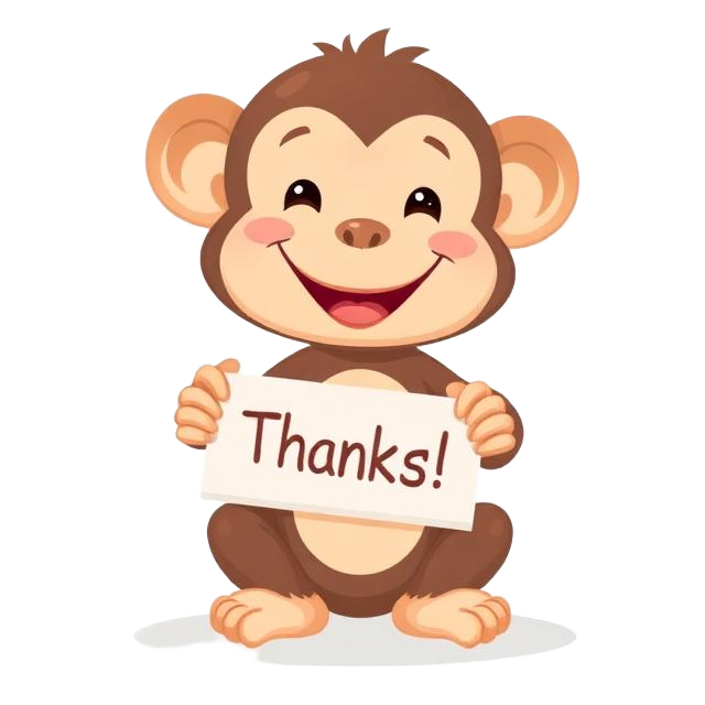 Friendly cartoon monkey holding a thanks sign