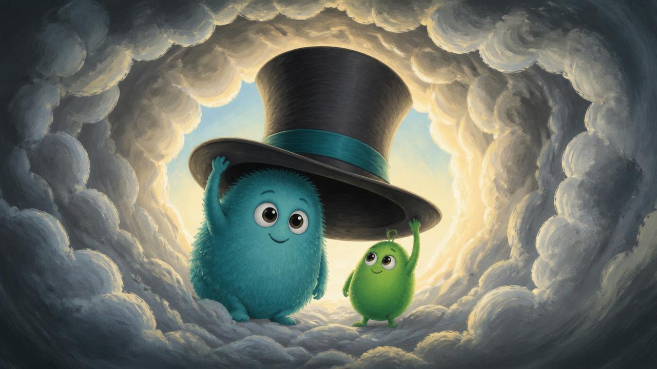 Two whimsical creatures peeking from a cloud tunnel
