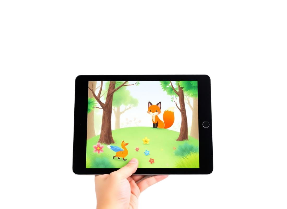 Tablet showing animated storybook scene